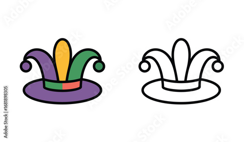 Festive Mardi Gras Jester Hat Illustrations in Color and Outline Styles for Celebratory Designs
