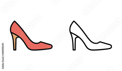 Stylish High Heel Shoe Illustrations in Color and Outline for Fashion and Design Projects