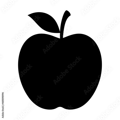 Simple black apple silhouette with a single leaf and stem illustration