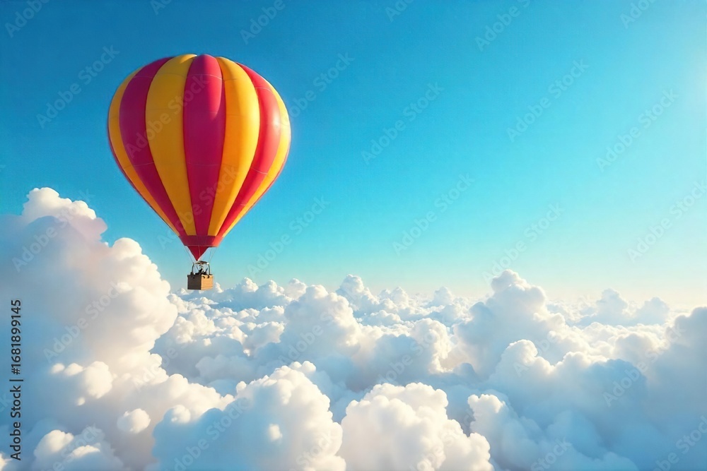 Fototapeta premium A whimsical hot air balloon floats serenely against a vibrant blue sky, casting a long shadow on the fluffy clouds below Perfect for travel, adventure, and freedom concepts , vista, magical