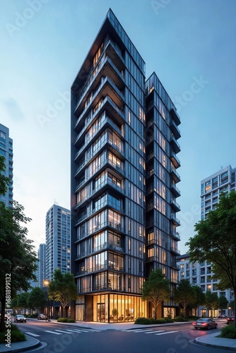 Modern condo office building with sleek glass facade and urban cityscape backdrop  Ideal for real estate, architecture, and business websites , commercial, business