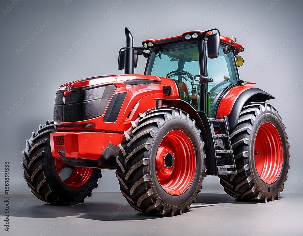 Obraz premium tractor with large tires and vibrant red color parked on a gray background