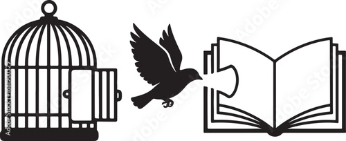 Bird Escaping Cage into Open Book Silhouette Logo, Freedom and Knowledge Creative Minimalist Vector Design Isolated
