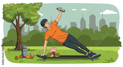 Illustration of a healthy and active lifestyle with a person performing a side plank on a skateboard in a city park