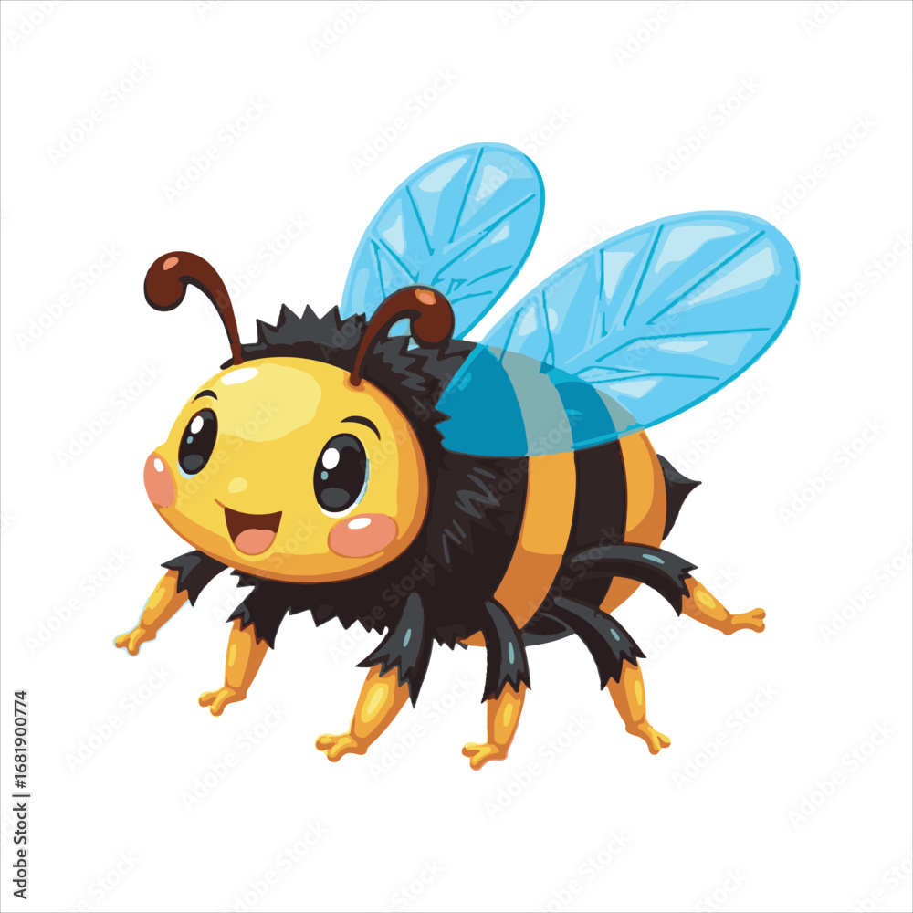 Fototapeta premium Cartoon Flying Bee Vector Illustration,Cute Yellow Black Bee Insect Clipart,Colorful Honey Bee with Blue Wings,Vector Illustration of a Flying Wasp,Detailed Insect Mascot Style Artwork