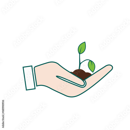 Hand holding a young plant, environmental care concept, nature, growth, sustainability, mental health & digital detox on transparent background