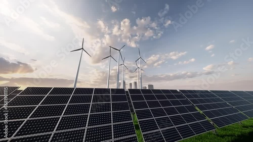 Solar Panels and Wind Turbines Animation  Clean Renewable Energy Concept in 4K