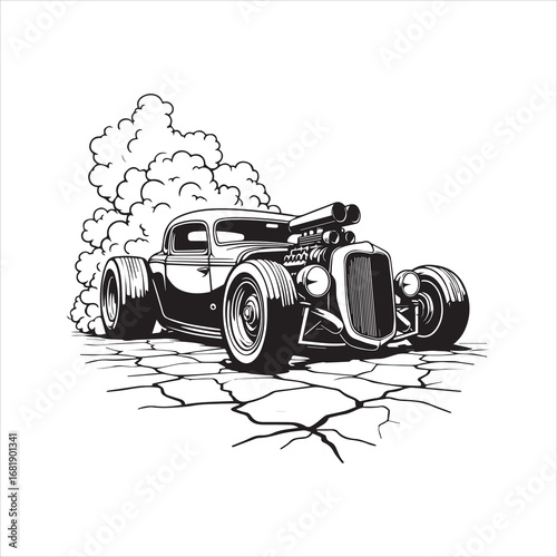 Photos Muscle car line art illustration, Classic sports car black and white drawing, Re