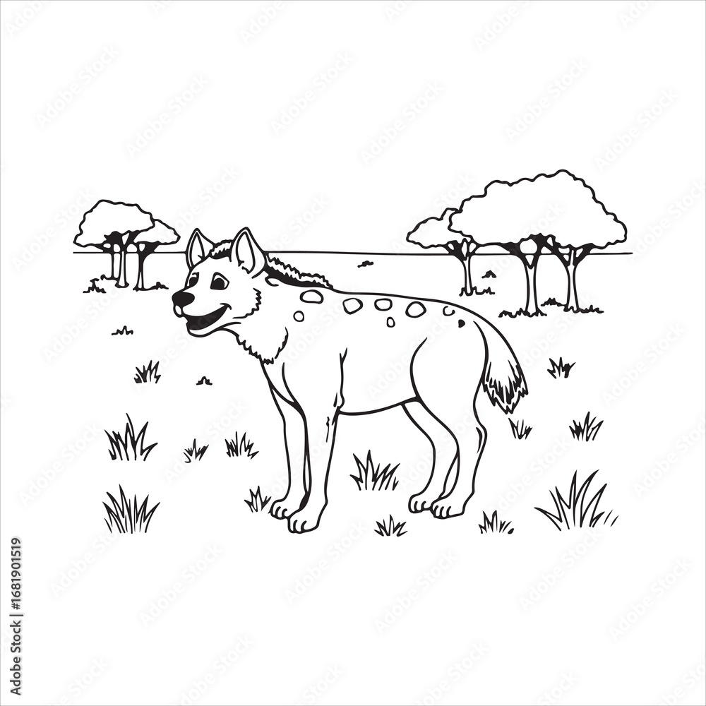 Fototapeta premium Cute hyena cartoon illustration, Hyena line art animal drawing, Wild animal coloring page illustration, African savanna animal black and white art, Cute wild animal outline illustration