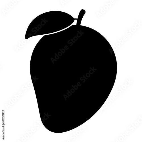 Black silhouette illustration of a fresh mango with leaf and stem