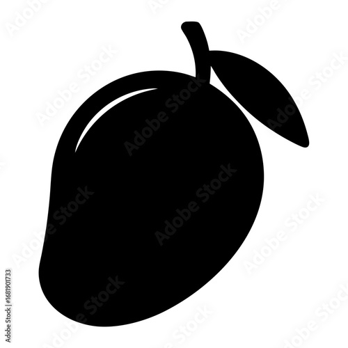 Single black silhouette of a ripe mango fruit with two leaves
