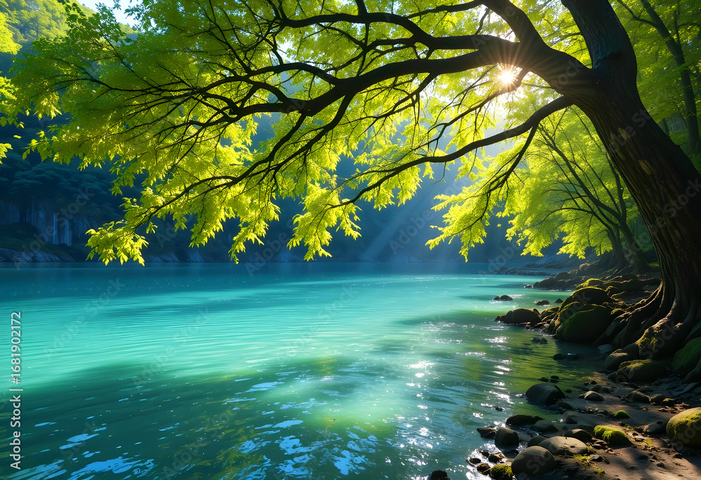 Fototapeta premium Tree Branches Hanging Over Teal Water in the Sun.