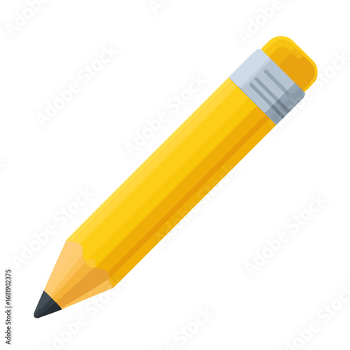 A vibrant illustration of a classic yellow pencil with an attached eraser. A simple icon representing writing, drawing, school, and creativity