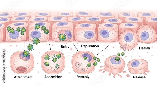Detailed diagram illustrating the viral replication cycle, showing a pathogen's entry, assembly, and release from a host cell