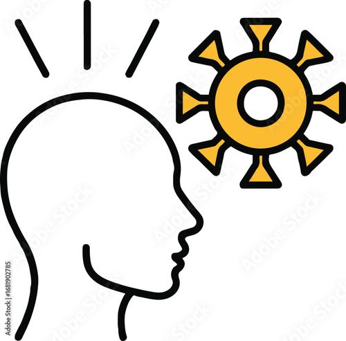 Illustration of a head silhouette with a virus symbol, , representing the impact of the coronavirus pandemic on mental health and the importance of awareness