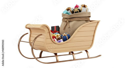 Isolated Christmas sleigh with a sack of wrapped gifts, wooden texture and golden runners