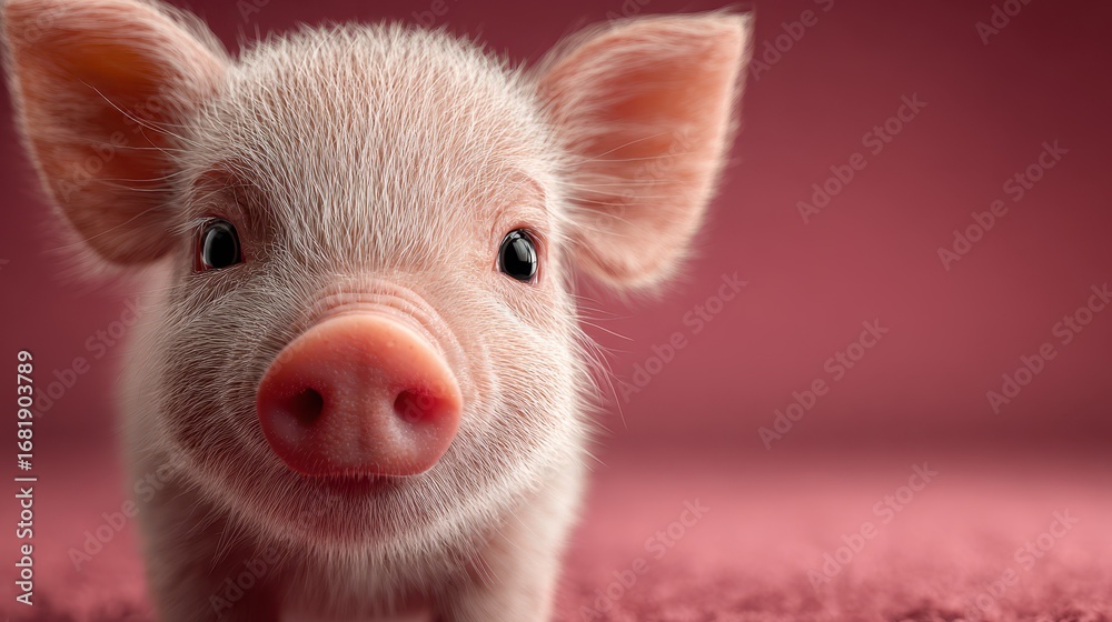 Fototapeta premium Cute piglet looking curiously at the camera on a soft pink background in a cozy indoor setting