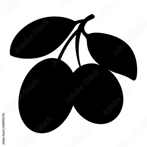 Two plums with leaves silhouette isolated on white background still life