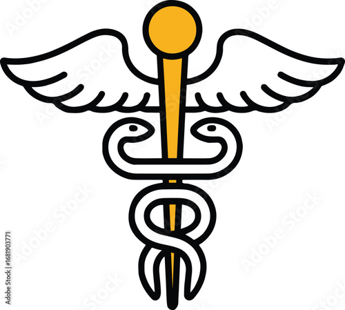 Vector art of caduceus symbol of medicine representing health, care, and treatment with snakes and wings, a vector illustration for healthcare, pharmacy, and medical science