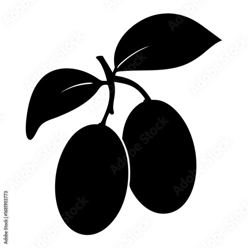 Two plums hanging on a branch with leaves, shown in silhouette