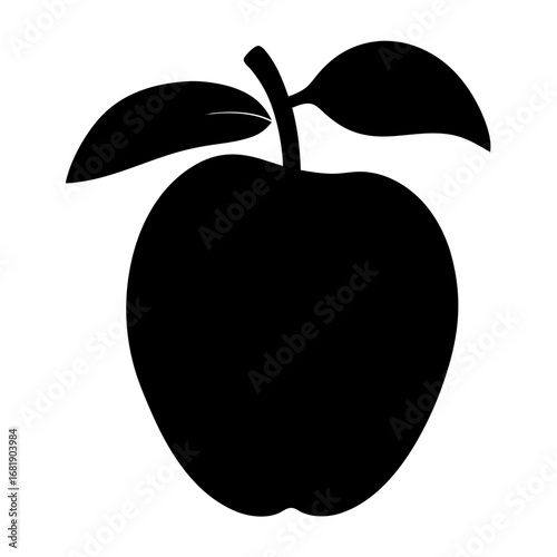 A simple black silhouette drawing of an apple with leaves and stem