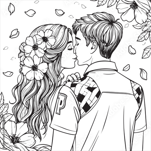 Romantic couple line art illustration, Love couple black and white drawing, Young couple romance outline art, Floral romantic couple illustration, Love story couple line drawing
