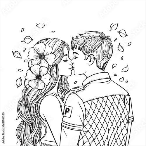 Romantic couple line art illustration, Love couple black and white drawing, Young couple romance outline art, Floral romantic couple illustration, Love story couple line drawing