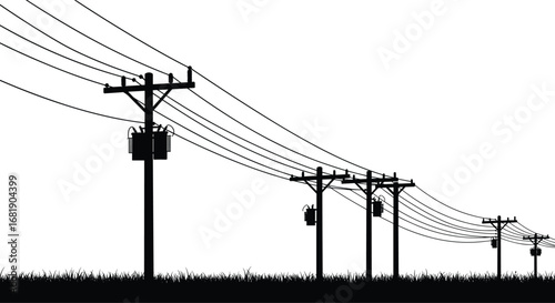 Utility power poles with transformers and electric wires, silhouette vector illustration, rural energy transmission lines over grass field landscape