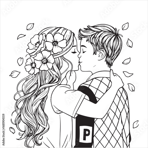 Romantic couple line art illustration, Love couple black and white drawing, Young couple romance outline art, Floral romantic couple illustration, Love story couple line drawing