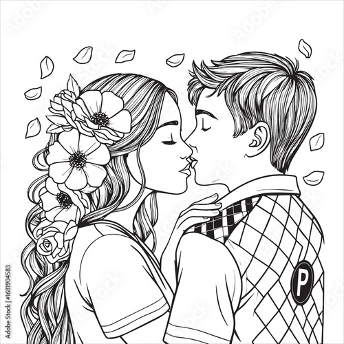 Romantic couple line art illustration, Love couple black and white drawing, Young couple romance outline art, Floral romantic couple illustration, Love story couple line drawing