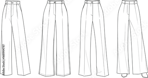 Wide leg pants technical flat sketch, women’s trousers fashion illustration, front and back view, black and white drawing