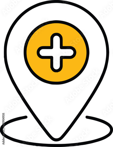 Vector art of location pin with medical cross, a vector illustration for healthcare, hospital, and clinic services, indicating the place and position on a map for navigation