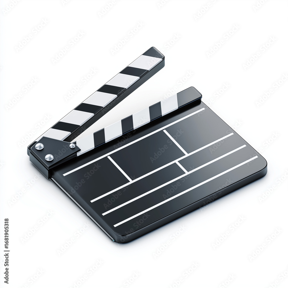 Fototapeta premium A 3D rendered movie clapperboard isolated on a white background, shown as a transparent png style image with cinematic detail.
