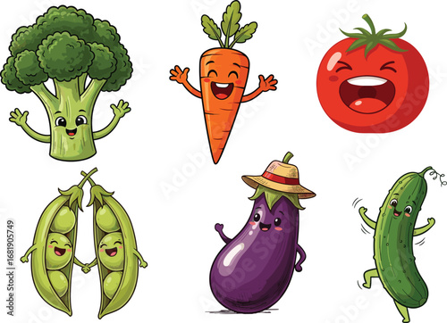 cartoon vegetables and fruits, cute broccoli, carrot, tomato, peas, eggplant, cucumber, kids illustration, healthy food, vector art
