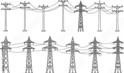 High voltage electric transmission towers, utility poles, power grid infrastructure, energy distribution, industrial electricity network, vector line illustration