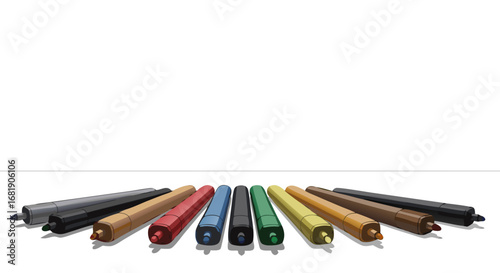 Colored markers on table. Colorful markers arranged in a row on a white background  