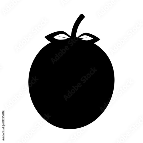 Stylized black silhouette of an orange fruit with stem and leaves