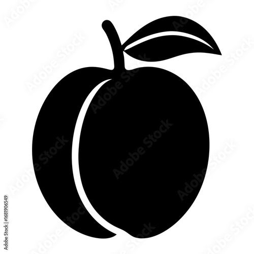 Stylized graphic illustration of a dark peach with a leaf and stem