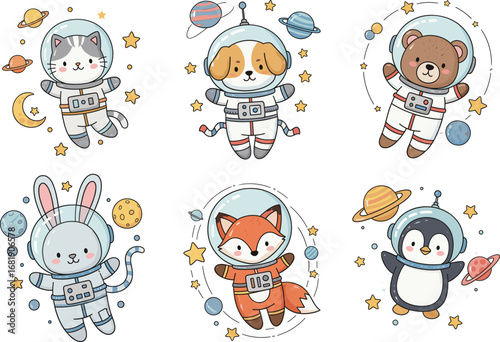 Cute cartoon animals in astronaut suits floating in space with planets, stars, moon, adorable cosmic space exploration illustration