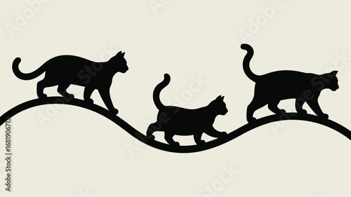 Elegant black cats gracefully stride across a minimalist wavy line, embodying feline movement and modern design.