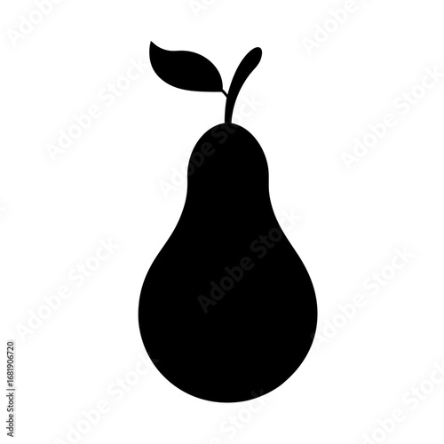 A simple black silhouette of a pear with a leaf and stem