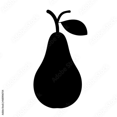 A solid black silhouette of a pear with a leaf and stem