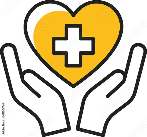 Vector art of hands holding heart with cross, symbolizing medical care, health support, and charitable assistance for wellness and prevention