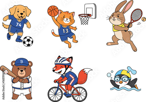 cartoon animals playing sports, kids activity clipart, dog soccer, cat basketball, rabbit tennis, bear baseball, penguin swimming