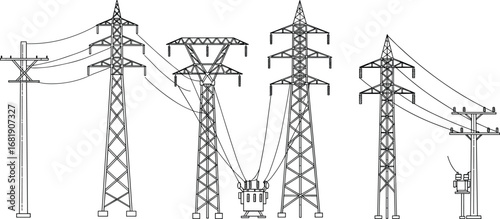 High voltage power transmission towers, electrical substation transformer, utility poles, power lines, energy distribution grid, industrial engineering design