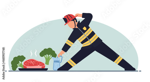 Firefighter stretching and preparing a healthy meal with steak and broccoli after a demanding shift, promoting wellness and active lifestyle