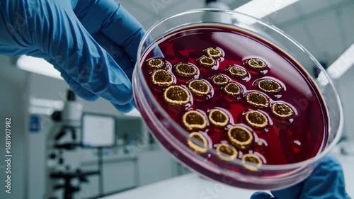 Doctor's Glove Holding Petri Dish with MRSA Bacteria Culture