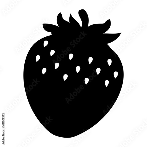 Black silhouette of a strawberry with seeds and leaves, isolated on white