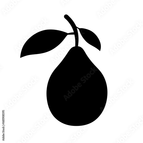 Elegant minimalist black silhouette of a pear with leaves and stem