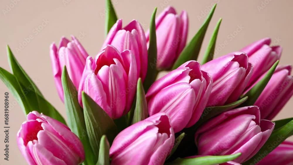 Tightly Framed of Bouquet of Delicate Pink Tulips Arranged on Light Beige Surface Tightly Framed of Bouquet of Delicate Pink Tulips Arranged on Light Beige Surface